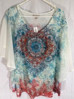 dressbarn White Sheer Tunic with Blue and Red Mandala